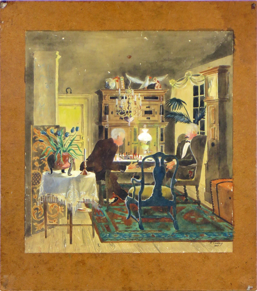 Carlborg, Rudolf, gouache, schackspelande herrar, signerad och daterad 1945, 35 x 33 cm