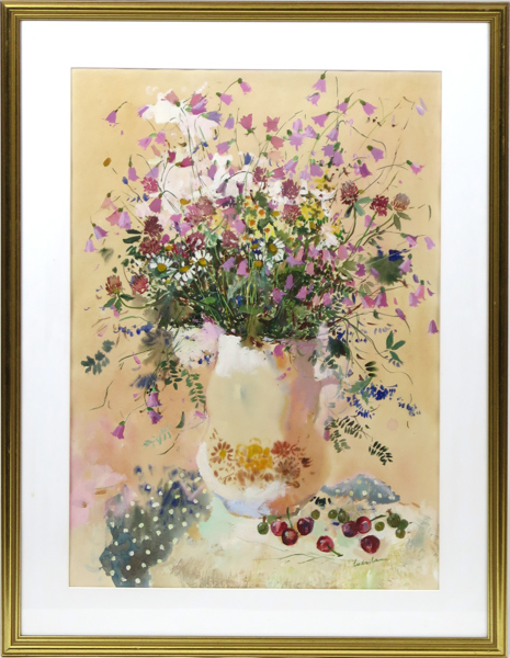 Balandina, Ludmila, blandteknik, vas med blommor, signerad, synlig pappersstorlek 58 x 41 cm