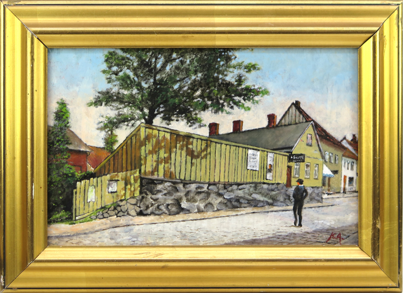 Andreasson, Kurt, olja, "Hörnan Brogatan/Karl XI:s väg 1922, Cafe Hvilan", signerad och daterad 1983, 18 x 28 cm