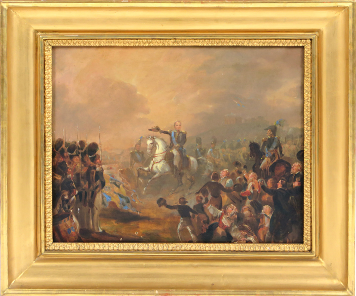 Bennet, Carl Stephan (efter honom?), olja, Revy på Ladugårdsgärdet vid Tsar Nikolaus I:s besök (1838), 33 x 40 cm, a tergo äldre etikett