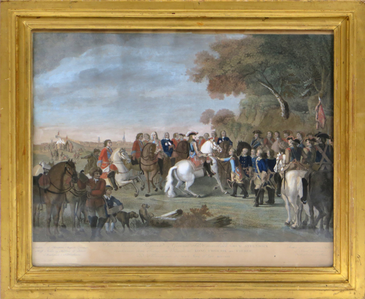 Haas, Georg efter Lorentzen, Christian August, kopparstick, handkolorerat, 17-1800-tal, Magnus Stembock kapitulerar till Frederik IV i Tönningen 1713, 35 x 46 cm, något gulnat