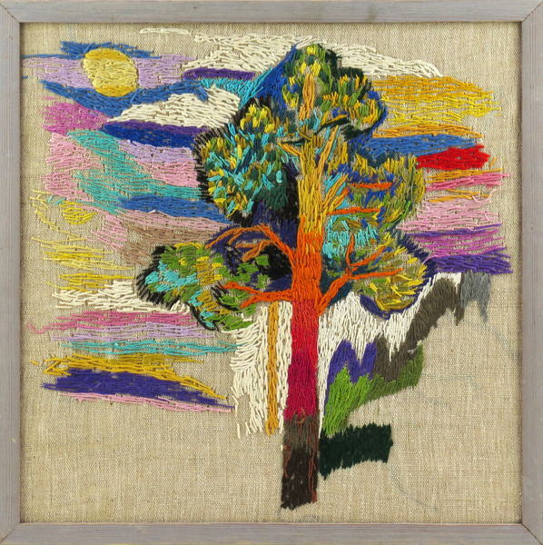 Henning, Ester , broderi, tall, 34 x 34 cm, proveniens, gåva till anställd vid arbetsterapin på Beckomberga Sjukhus, 1960-tal, därefter i arv