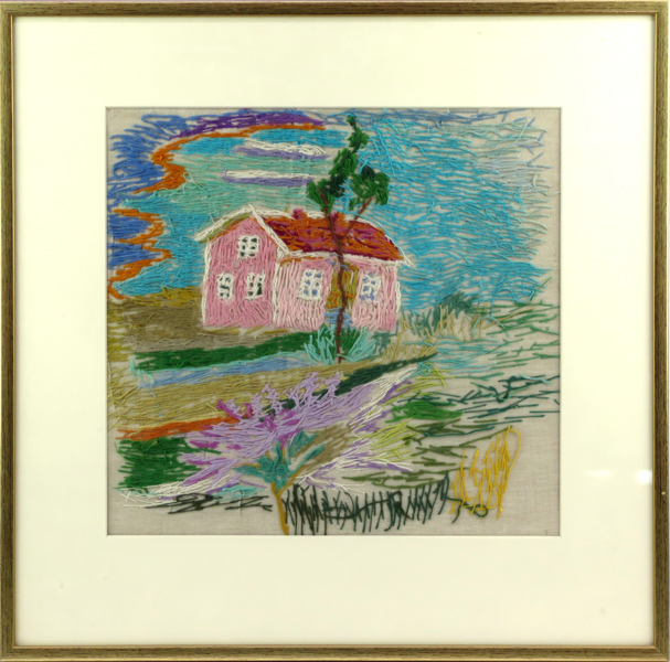 Henning, Ester , broderi, hus i landskap, 27 x 29 cm, proveniens, gåva till anställd vid arbetsterapin på Beckomberga Sjukhus, 1960-tal, därefter i arv