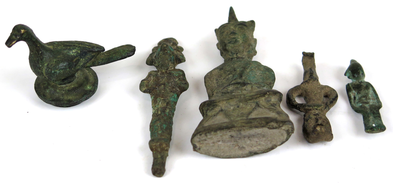 Bronser, 5 st, jordfynd, ushepti Egypten, buddha Burma (?) mm, h 5 - 9 cm