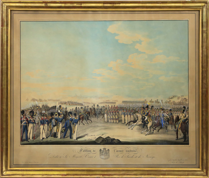 Litografi, handkolorerad, "Tableau de l'Armée Suèdoise",  ur Ludwig von Kleists "Tableau des Armees de l"Europe" cirka 1845, synlig pappersstorlek 62 x 74 cm