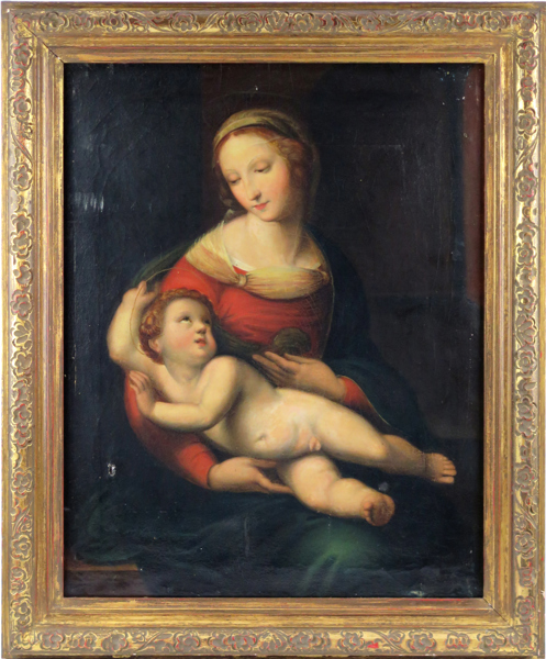 Sanzio, Raffaello (Rafael), efter honom, olja, 1800-tal, Madonnan med Barnet, 52 x 41 cm, mindre dukskada