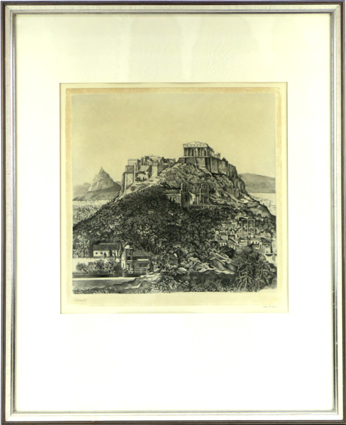 Borglind, Stig, torrnål, "Akropolis", signerad, synlig pappersstorlek 34 x 34 cm