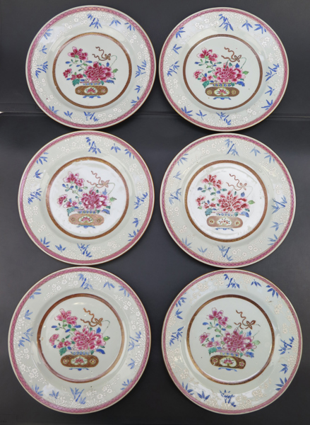 Tallrikar, 6 st, porslin, Kina, antagligen Yongzheng (1722-35), Fencai-dekor i famille rosefärger av urna med pioner mm, dia 23 cm, smärre nagg