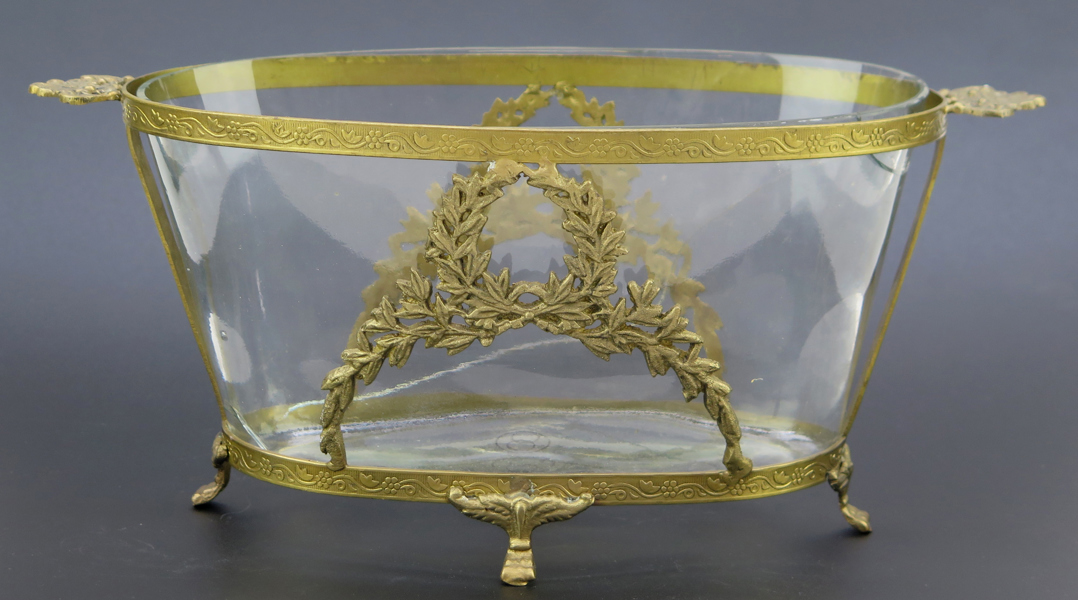 Jardiniere, mässing och glas, empirestil, 1900-talets 2 hälft, längd 32 cm, spricka