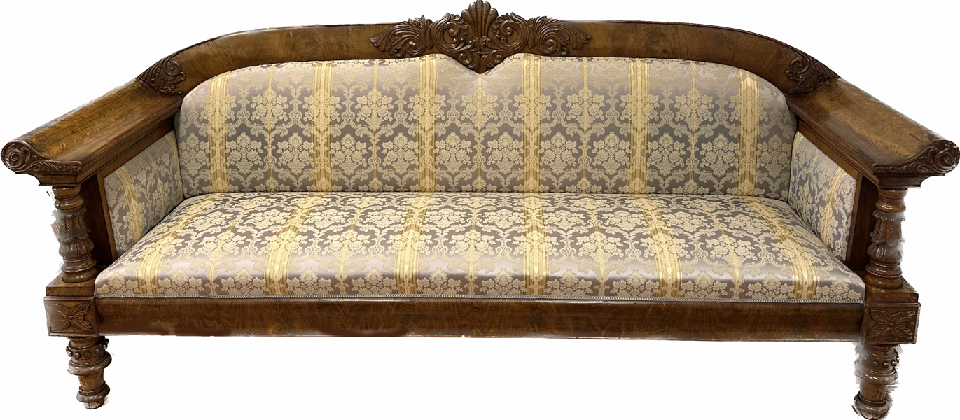 Soffa, skuren mahogny med sidenklädsel, senempire, 1800-talets mitt, flankerande, överkragade kolonetter, lejontassar, l 227 cm