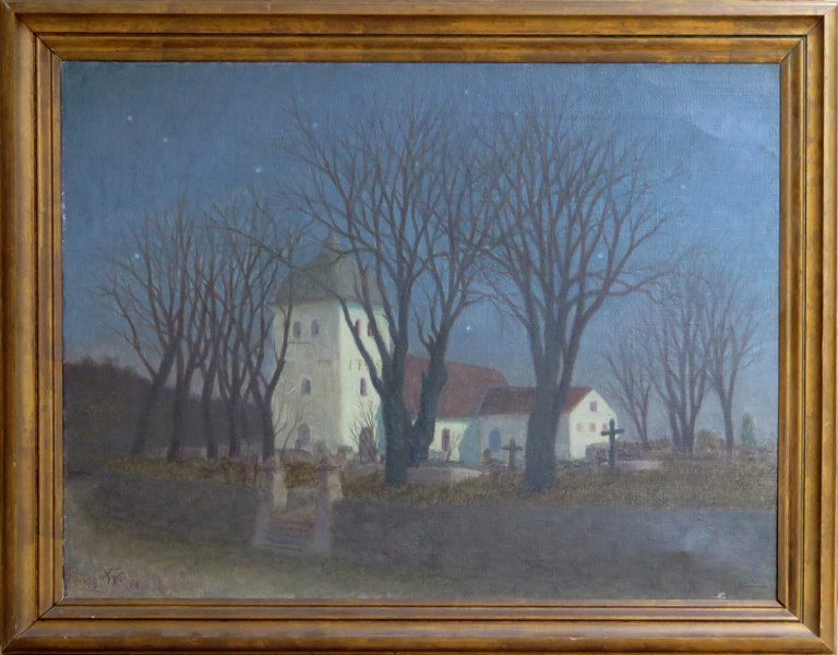 Okänd konstnär, olja, Örgryte gamla kyrka, signerad och daterad 1919, 65 x 85 cm, a tergo betecknad Wennerberg