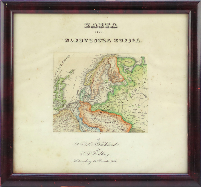 Bäcklund, Victor, karta, ritad och handkolorerad, "Karta öfver Nordvestra Europa", signerad med dedikation till Montenegrinske baronen Sten Philip Kalling och daterad 1856, i handgjord ram, 