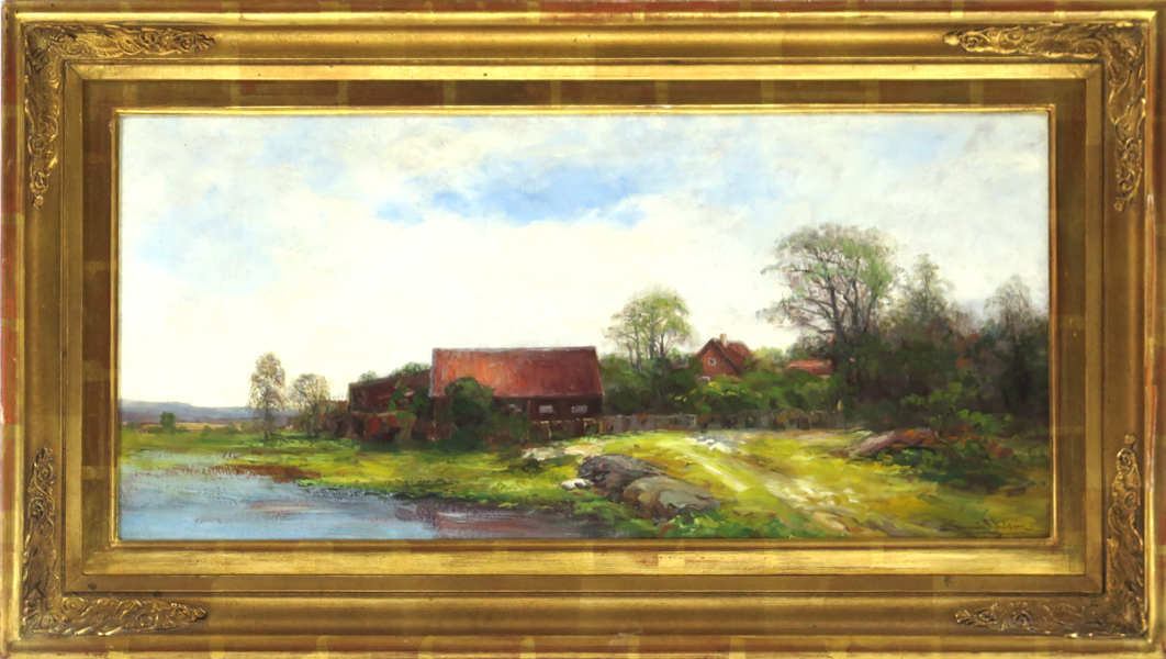 Nilson, Severin, olja, halländskt landskap med hus, 31 x 65 cm