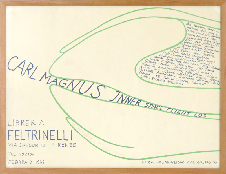 Magnus, Carl, litograferad poster för Libreria Feltrinellei Firenze, "Inner Space Flight Log" 1968, bär dedikation, synlig pappersstorlek 44 x 59 cm