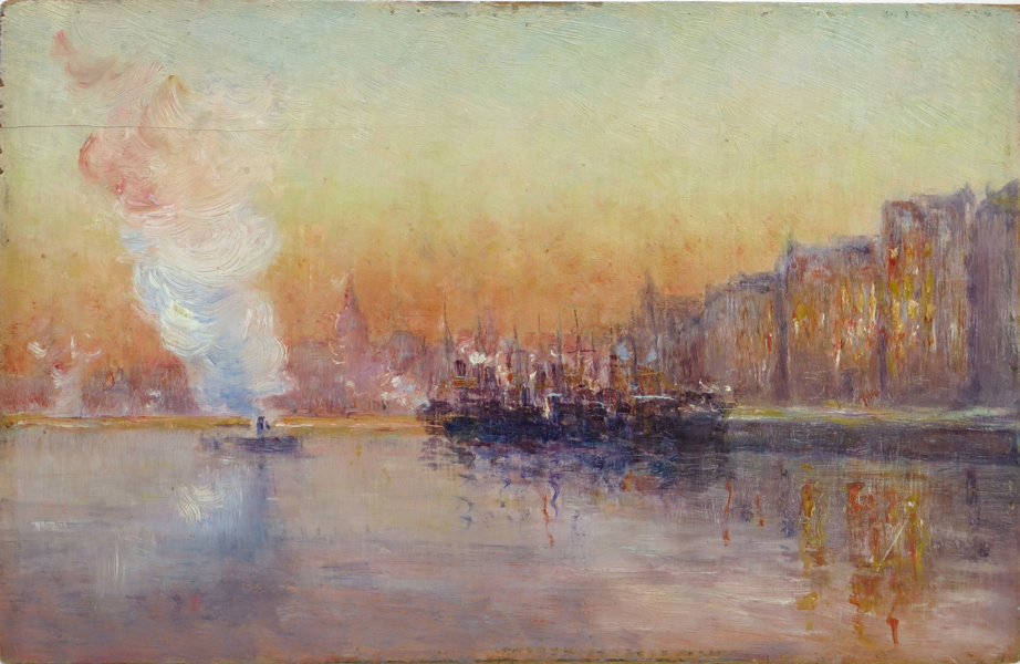 Lindman, Axel, olja, "Skeppsbron", a tergo signerad, daterad 1902 samt numrerad No 392 (?), försedd med konstnärens sterbhusstämpel, 18 x 27 cm