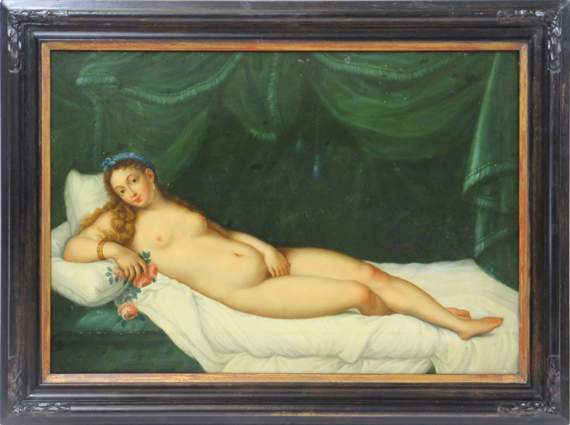 Okänd konstnär, 1700-tal, olja, Venus - fritt efter Tizians Venus di Urbino, 76 x 53 cm