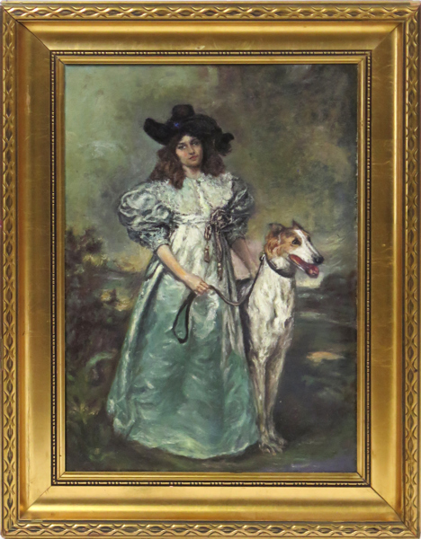 Sauber, Robert, efter, olja, 1800-tal, "Constace Shepherd and her Borzoi", efter original från 1868, 50 x 34 cm