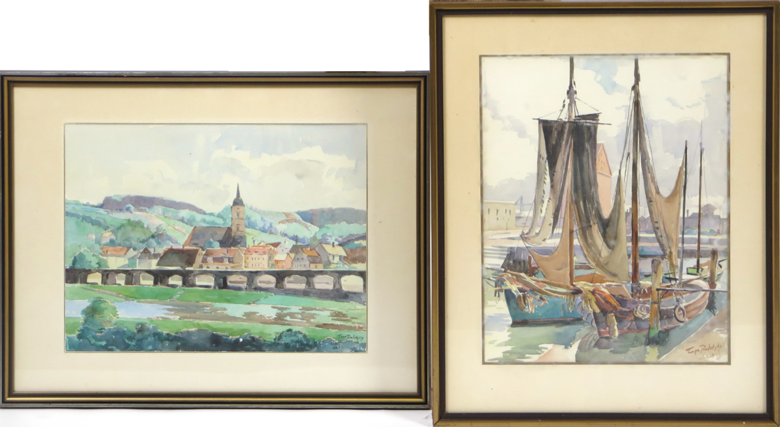 Radetzky, Tage, akvareller, 2 st, Fiskebåtar Stralsund respektive Königstein, signerade och daterade, 35 x 26 respektive 25 x 33 cm