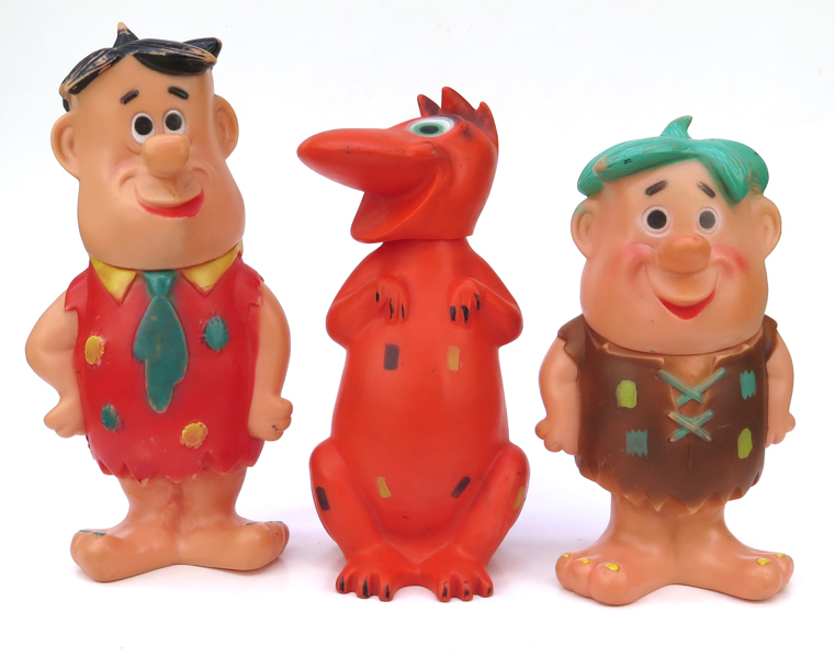 Figuriner/leksaker, Fred Flinta, Barney Granit samt Dino, Fred märkt Ultra produkter 1962, plast, höjd 24 - 29 cm