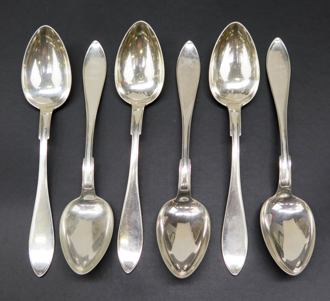 Matskedar, 6 st, silver, gammalsvensk modell, stämplade Axel Gabriel Dufva Stockholm 1913,l 22 cm, total vikt 370 gram