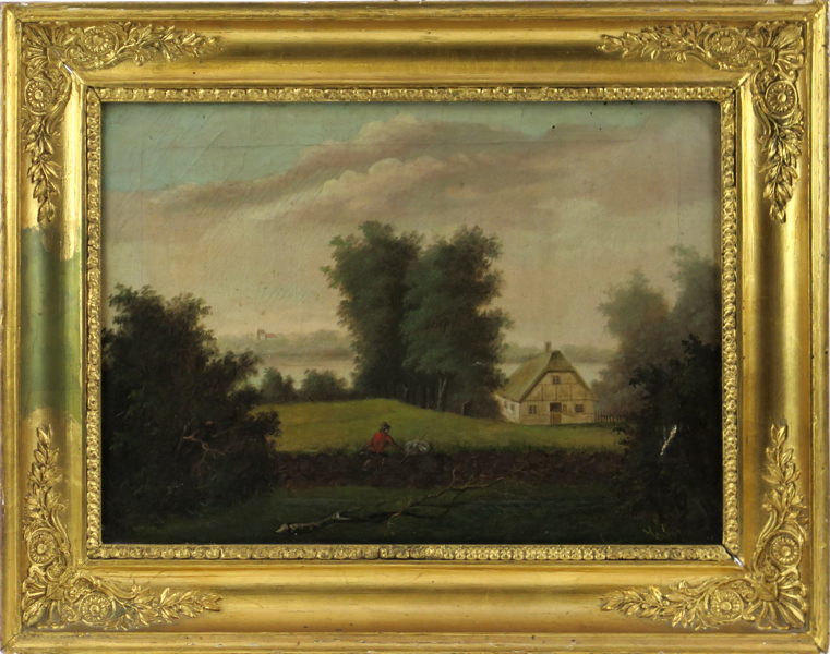 Okänd konstnär, 1800-tal, olja, man med hus i landskap, 25 x 35 cm