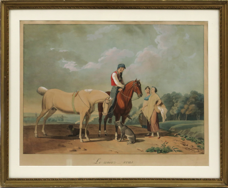 Okänd konstnär, 1800-talets 1 hälft, linjeetsning, handkolorerad, "Le Rendez-Vouz", synlig bildyta 42 x 54 cm