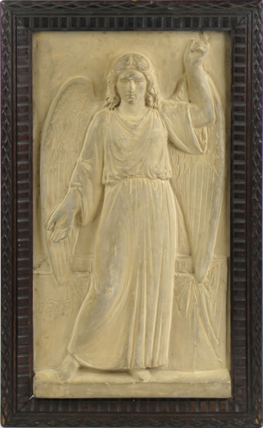 Freund, Georg Christian, relief terrakotta, stående ängel, signerad och daterad 1895, i skuren och betsad originalram, totalt mått 32 x 19 cm