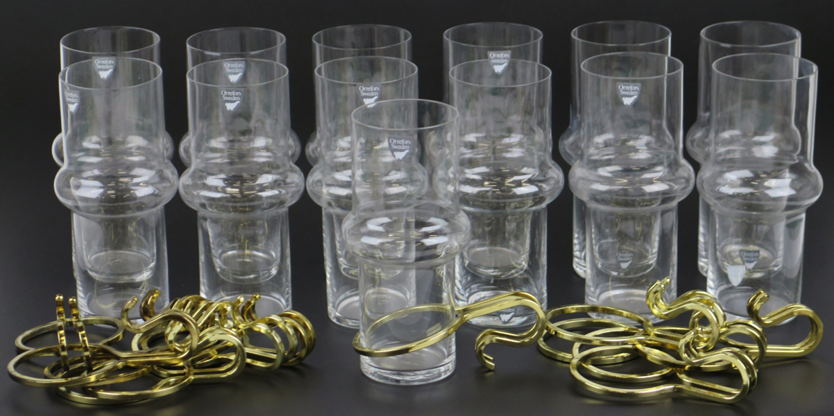 Lindau, Börge & Lindecrantz, Bo för Orrefors, glas med lösa mässingshandtag, 12 st, "Varm/Kall" ("Hot/Cold"), design 1972, h 14 cm