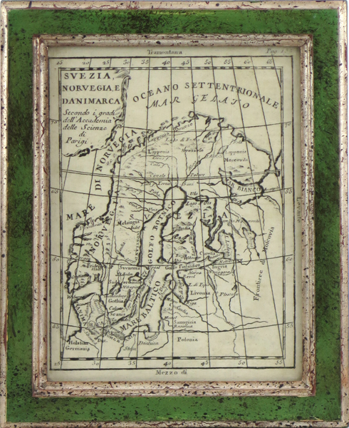 Buffier, Claudio, karta, kopparstucken, "Svezia, Norvegia e Danimarca" ur "Geografia Universale", Venezia, Francesco Pitteri, 1781, synlig pappersstorlek 18,5 x 14 cm