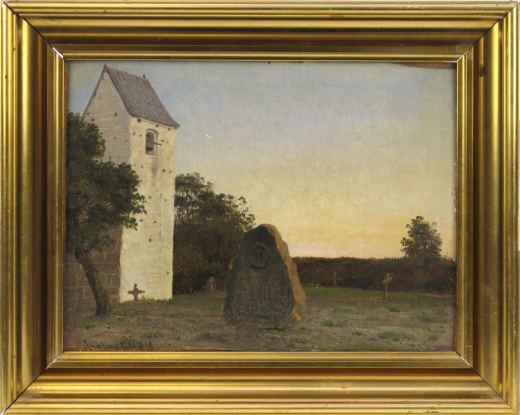 Okänd dansk konstnär, olja, minnessten vid kyrka, otydligt signerad (betecknad?) och daterad 1868, 22 x 30 cm