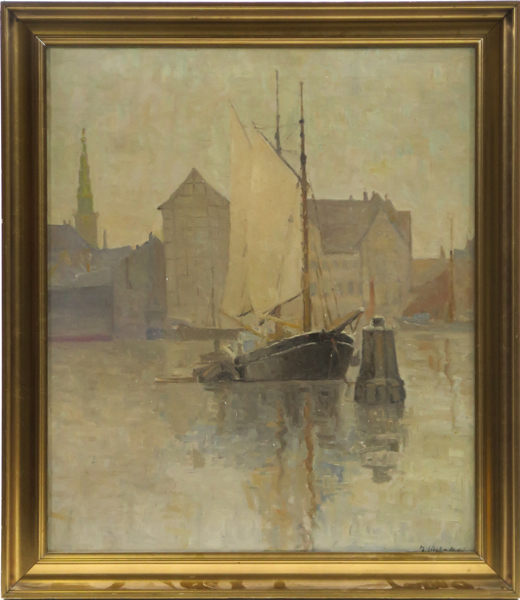 Okänd dansk konstnär, olja, 1900-talets 1 hälft, motiv från Christianshavn, signerad J Juel-Nielsen (?), 76 x 66 cm