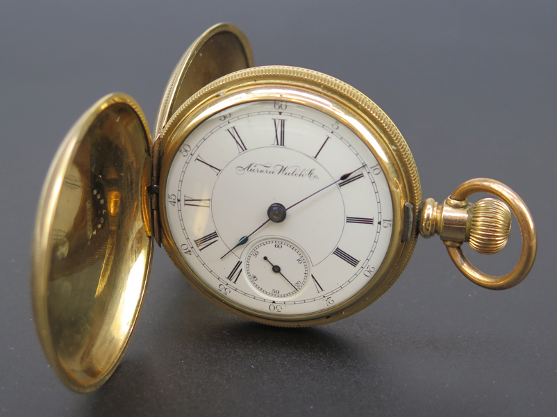 Herrsavonett, förgylld mässing, Aurora Watch Company, Illinois, USA, 1800-talets 2 hälft, dubbel Dueberboett, diameter 54 mm