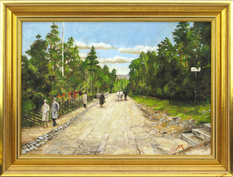 Andreasson, Kurt, olja, "Vägen förbi Hallandsgården - Sofiavägen, 1930-talet, signerad och daterad 1982, 28 x 39 cm 