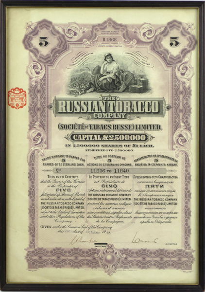 Aktiebrev, "The Russian tobacco company", fem andelar om £1, 1915, synlig pappersstorlek 39 x 27 cm