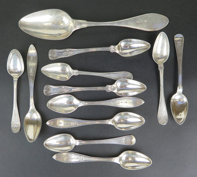 Parti skedar, silver, 1800-tal, gammalfransk modell mm, total vikt 235 gram