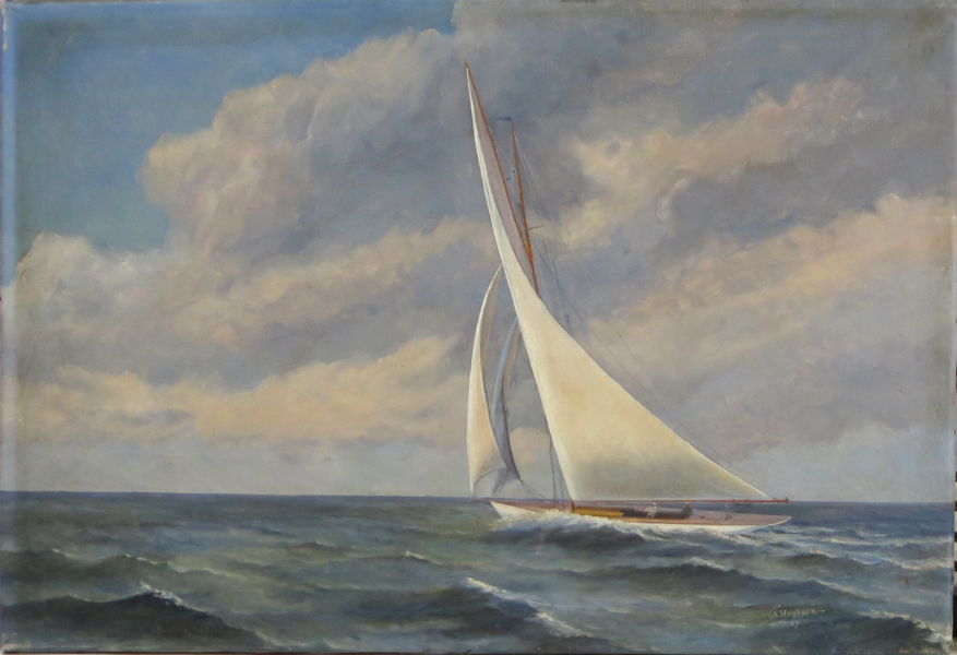 Hughson, W A, olja, kustseglare till sjöss, signerad och daterad 1925, 45 x 66 cm