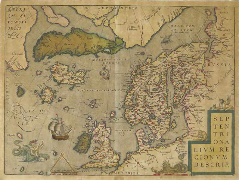 Ortelius, Abraham, karta, kopparstucken och handkolorerad, "Septentrionalium Regionum Descrip"(tio) cirka 1570, graverad av Frans Hogenberg, ur "Theatrum Orbis Terrarum", _33539a_8dbe11a6004f6b6_lg.jpeg