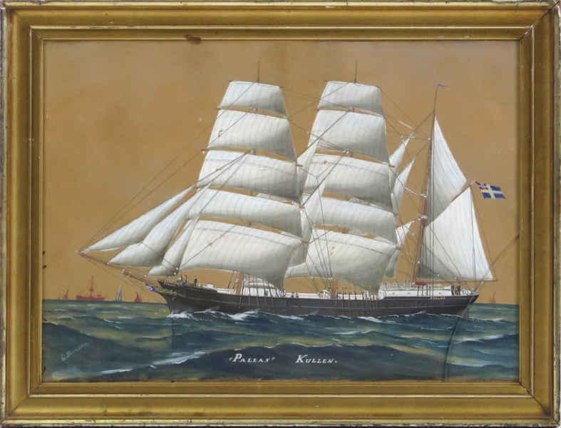Thompson, E, 1800-tal, gouache, fartygsporträtt, "Pallas, Kullen", signerad, synlig pappersstorlek 38 x 53 cm, något gulnad_33541a_8dbe1247478e49e_lg.jpeg