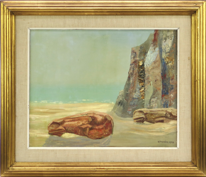 Thorén, Esaias, olja, surrealistisk kustbild, signerad och daterad 1949, 33 x 41 cm, proveniens: inköpt direkt från konstnären av Carl Magnus Berger,  gåva av honom, därefter i arv_33589a_lg.jpeg