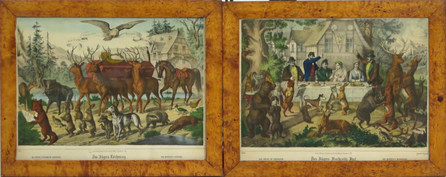 Litografier, 1 par, handkolorerade, 1840-tal, i samtida masurbjörkramar, "Des Jägers Hochzeits Fest" respektive "De Jägers Leichenzug", yttermått 31 x 40 cm_33624a_8dbe502ed1eabb6_lg.jpeg