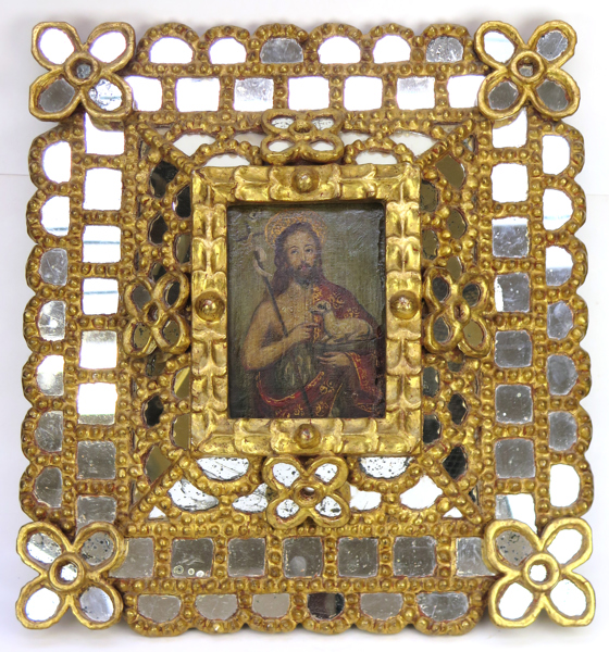Oljemålning, Sydamerika, 18-1900-tal, Kristus, infattad i rikt dekorerad ram med infattade speglar, h 48 cm_33641a_lg.jpeg