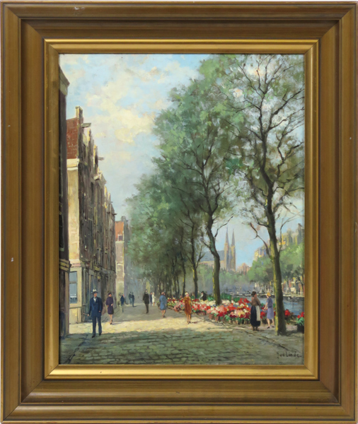 Van Der Linde, Jan, olja, Amsterdammotiv från Singelkanalen med De Krijtberg i fonden, signerad, 50 x 40 cm_33679a_lg.jpeg