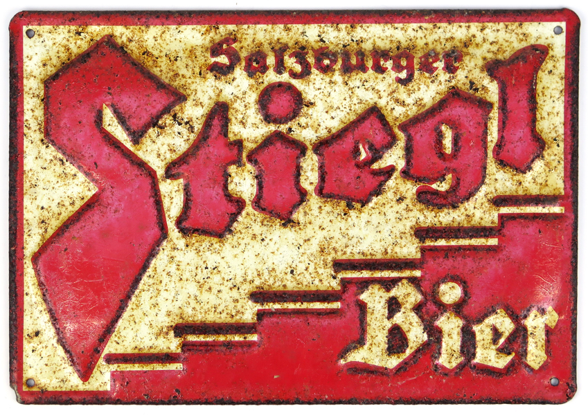 Reklamskylt, metall, Salzburger Stiegl Bier, Österrike, längd 30 cm, anlupen_33716a_lg.jpeg