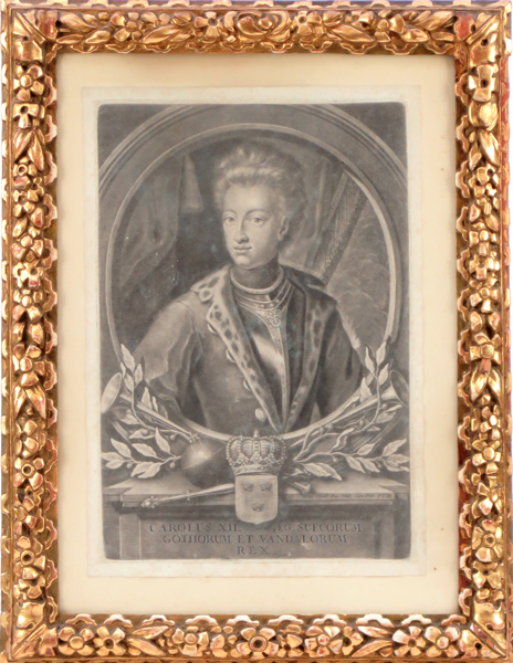 Heiss, Elis Christoph, mezzotint, Karl XII, 1700-talets början, pappersstorlek 32 x 22 cm