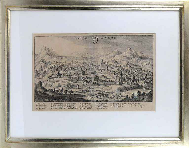 Merian, Matthäus, karta, kopparstucken, "Ierusalem", ed Johann Ludwig Gottfried, Frankfurt 1646, synlig pappersstorlek 22 x 35 cm