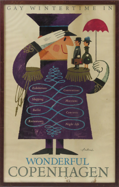 Antoni, Ib, poster, offset på litografi, "Gay Wintertime in wonderful Copenhagen" 1961, 100 x 61 cm, slitage