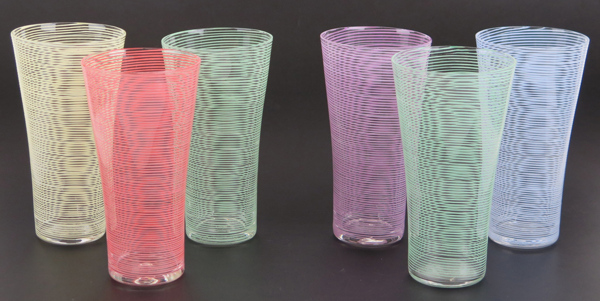 Orup, Bengt för Johansfors, drinkglas, 6 st, "Party", design 1956, dekor av vertikala ränder, h 13,5 cm