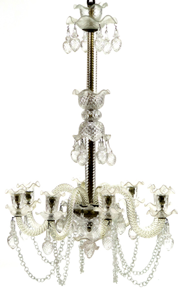 Takkrona till 8 ljus, glas och metall, så kallad Venetiansk stil, 1900-talets början, dekor av kedjor, kottar mm, h 94 cm_33894a_lg.jpeg