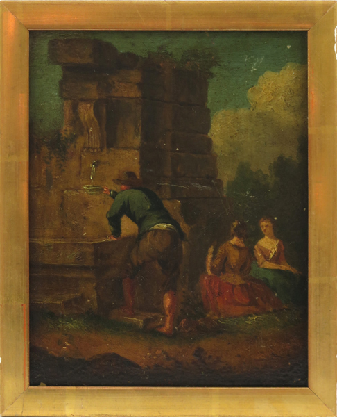 Okänd konstnär, 1700-tal, olja, personer vid brunn, 20 x 16 cm