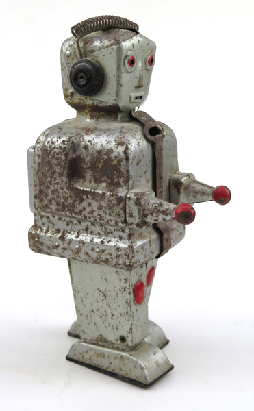 Mekanisk leksak, litograferad plåt, Strenco, Tyskland, 1950-tal, robot modell "ST1", h 18 cm, anlupen, antenn saknas_34166a_lg.jpeg